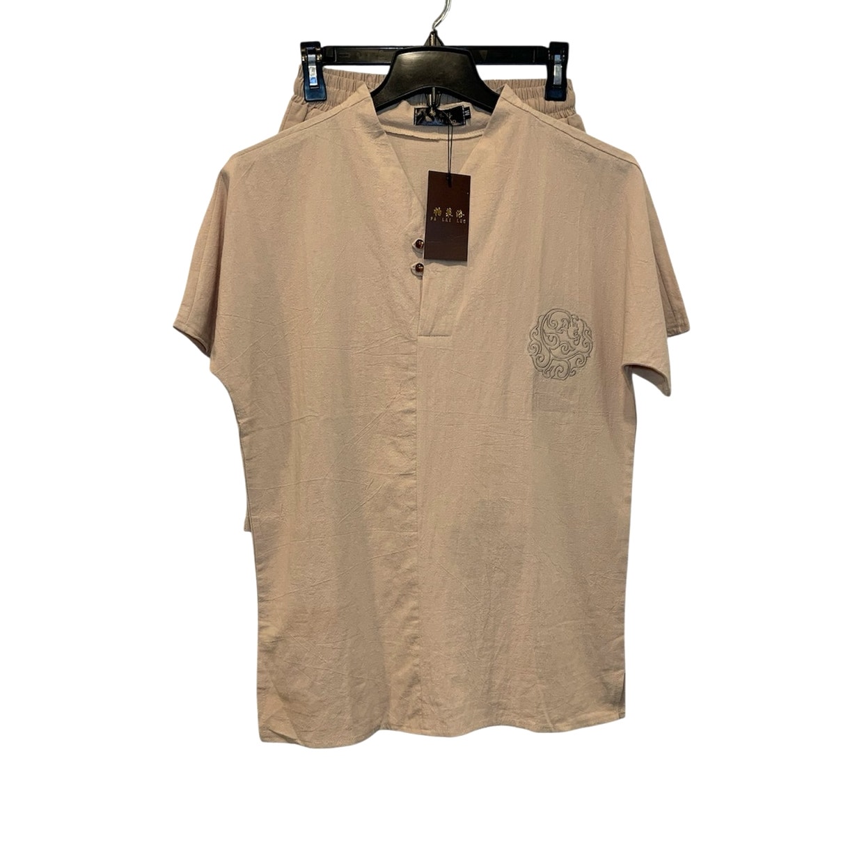 Men's Traditional 2-Piece Chinese Style Embroidered Short Sleeve Short Set Tan M
